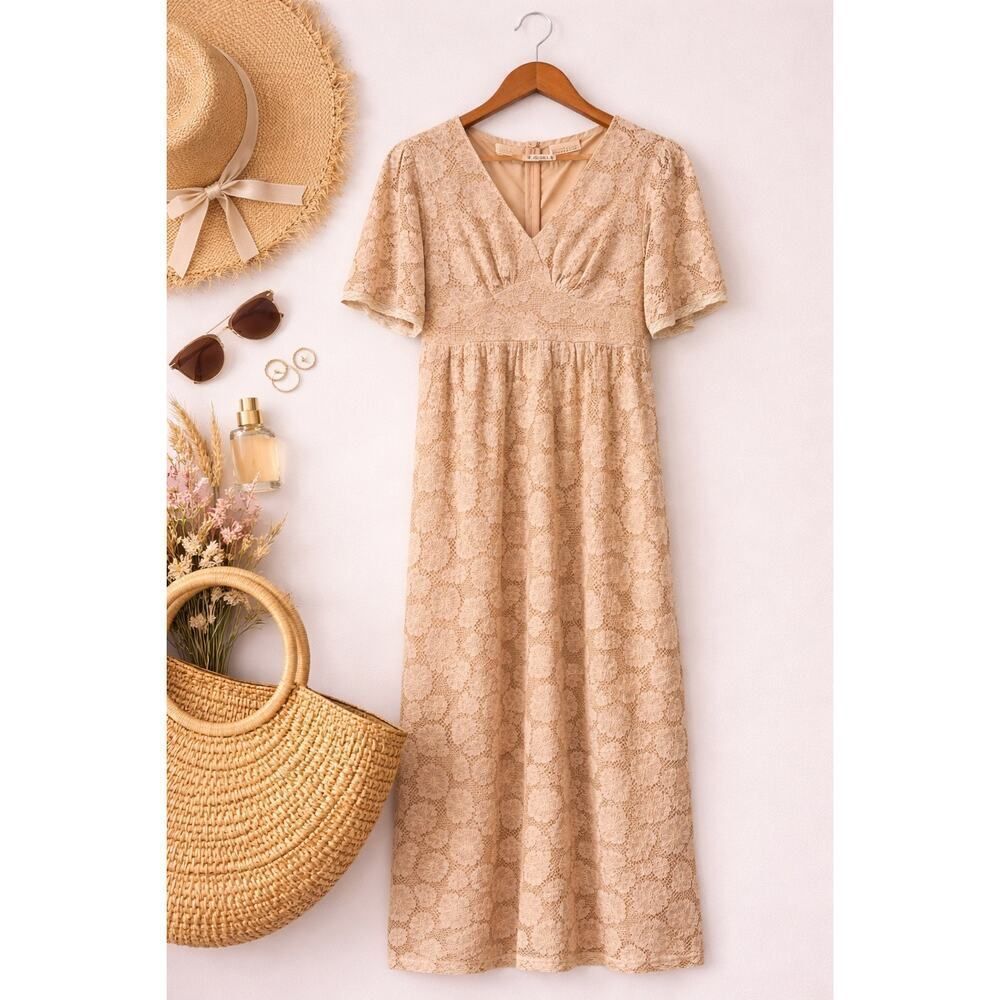 Bella Ella Lace Midi Dress Beige Floral Cottagecore Boho Romantic Victorian